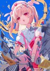  >_< 1girl :d apron bandaged_arm bandaged_wrist bandages blonde_hair blue_sky blush center_frills collared_dress commentary_request dress fang frills hair_ornament hat heart heart_print highres long_hair mosuroshyu natori_sana nurse_cap open_mouth pink_apron pink_hat puffy_short_sleeves puffy_sleeves rabbit_hair_ornament red_eyes sana_channel short_sleeves sky smile solo two_side_up virtual_youtuber white_dress 