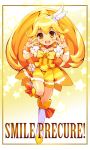  bike_shorts blonde_hair boots chingisu choker cure_peace double_v dress kise_yayoi long_hair magical_girl precure shorts_under_skirt skirt smile smile_precure! solo standing_on_one_leg star starry_background title_drop v wrist_cuffs yellow yellow_background yellow_dress yellow_eyes 
