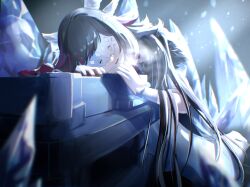 1girl black_hair breath closed_eyes coat coffin columbina_(genshin_impact) commentary_request eye_mask fatui_coat fur-trimmed_coat fur_trim genshin_impact hair_ornament highres ice_crystal long_hair lucio_(luci0_52) mask multicolored_hair multiple_wings open_mouth purple_streaks see-through_clothes see-through_mask sidelighting solo streaked_hair white_mask white_wings wing_hair_ornament wings 