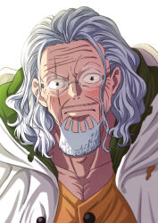  1boy blush closed_mouth commentary_request embarrassed facial_hair glasses grey_hair highres hood hood_down looking_at_viewer male_focus musasabiop mustache old old_man one_piece orange_shirt pectoral_cleavage pectorals scar scar_across_eye scar_on_face shirt short_hair silvers_rayleigh solo white_background wide-eyed 