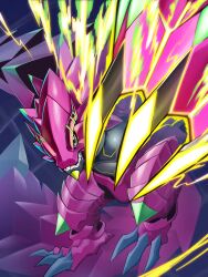  absurdres armalizamon armor claws digimon digimon_(creature) digimon_beatbreak electricity full_body highres lizard looking_at_viewer no_humans pink_armor sharp_teeth solo teeth toyuri_(angrm) 