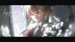  1boy absurdres amano_mashiro blue_eyes blurry blurry_background blurry_foreground brown_hair closed_mouth collared_shirt depth_of_field earrings flower formal_clothes hair_between_eyes happy_birthday highres holding jewelry letterboxed mitsudomoe_koubou_(series) necktie oshi_no_taisetsuna_hito_ni_narikawaru ponytail portrait shirt smile solo stud_earrings white_flower white_necktie white_shirt yeyuan_toto 