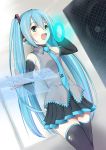  aqua_eyes aqua_hair azunyan73 detached_sleeves hand_on_headphones hatsune_miku headphones highres holographic_interface holographic_keyboard long_hair necktie open_mouth skirt solo thigh-highs thighhighs twintails very_long_hair vocaloid zettai_ryouiki 