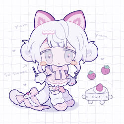  1girl :< arrow_(symbol) blunt_bangs blush_stickers bow cake cake_slice cat_girl cat_tail chibi chibi_only closed_mouth commentary_request double_bun dress english_text food frilled_dress frills fruit full_body grid_background hair_bun heart highres looking_at_viewer niyu_(nennenkorori3) original pink_bow pink_dress pink_shoes shoes short_hair short_sleeves socks solo standing strawberry tail tail_bow tail_ornament white_background white_hair white_socks 