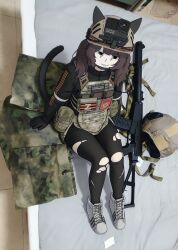  1girl action_camera animal_ears artist_request as_val assault_rifle b1-517 black_eyes black_gloves body_armor brown_eyes camera_on_headwear cat_ears cat_tail check_artist commentary fake_animal_ears from_above gloves grin gun helmet highres leggings long_hair marusha_(b1-517) morale_patch narrowed_eyes on_bed original pantyhose photo_background ribbon_of_saint_george rifle russian_flag russian_ground_forces russo-ukrainian_war shoes sitting smile sneakers soldier tail torn_clothes torn_leggings untranslatable_commentary video_camera weapon white_shoes z_(russian_symbol) 