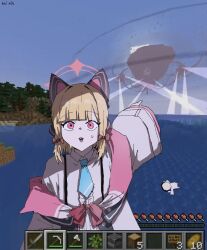  1girl artist_name blonde_hair blue_archive blue_necktie bow doodle_sensei_(blue_archive) hair_ornament hair_ribbon halo highres jacket kai_xin laser looking_at_viewer meme minecraft minecraft:_story_mode momoi_(blue_archive) necktie ocean off_shoulder pointing red_eyes red_halo ribbon sensei_(blue_archive) shirt sky solo surprised sweat white_jacket white_shirt wither_storm_(minecraft:_story_mode) 