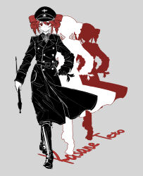  1girl absurdres commentary_request cross drill_hair hat highres igaku_(utau) iron_cross jacket kasane_teto kasane_teto_(sv) mesmerizer_(vocaloid) military military_hat military_jacket military_uniform red_eyes red_hair synthesizer_v tenosynovitis twin_drills utau 