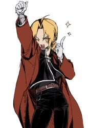  1boy belt belt_buckle black_pants black_shirt blonde_hair braid brown_belt buckle coat contrapposto edward_elric fullmetal_alchemist gloves highres index_finger_raised long_hair long_sleeves looking_to_the_side male_focus one_eye_closed open_clothes open_coat open_mouth outstretched_arm pants red_coat shirt sideways_glance simple_background solo teeth upper_teeth_only white_background white_gloves white_trim yeknnnnn yellow_eyes 