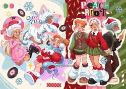  3girls abstract_background animal_ear_hood black_boots black_necktie blonde_hair blue_eyes blue_hair boots brown_pants brown_vest collared_shirt dark-skinned_female dark_skin dress english_text frankie_(peach_riot) gigi_(peach_riot) green_eyes green_shirt green_skirt hat hood hooded_dress jacket leg_warmers luztapiaart mittens multiple_girls multiple_views necktie open_mouth orange_hair pants peach_riot_(popmart) pink_dress plaid_clothes plaid_skirt poppy_(peach_riot) red_jacket red_mittens santa_hat shirt skirt snowflakes vest vinyl_record white_dress white_hood white_leg_warmers white_mittens white_shirt 