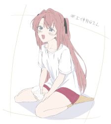  1girl blue_eyes blush cup highres holding holding_cup kamiina_botan kamiina_botan_yoeru_sugata_wa_yuri_no_hana kneeling long_hair looking_at_viewer open_mouth pink_hair red_shorts shadow shirt shorts simple_background smile socks solo toono2145 two_side_up white_background white_shirt yellow_socks 