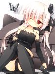  black_panties blush butterfly gothic hair_ribbon long_hair open_mouth original panties pantyshot pantyshot_(sitting) pantyshot_sitting red_eyes ribbon sitting thighhighs twintails underwear white_background white_hair yuku_(kiollion) 