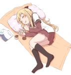  :d black_legwear blonde_hair blush book closed_eyes cup eyes_closed food food_on_face hair_ribbon ice_cream kneehighs long_hair lying no_shoes on_side open_book open_mouth pillow ribbon school_uniform serafuku smile solo spoon tatsuno_ryou toshinou_kyouko yuru_yuri 