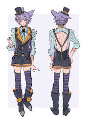  1boy absurdres animal_ears ankle_boots back_cutout bare_back black_hat black_shoes black_shorts black_thighhighs black_vest boots border bow braid braided_bun closed_mouth clothing_cutout collared_shirt commentary_request dot_nose expressionless feower_(granblue_fantasy) full_body granblue_fantasy hair_bun halloween_costume hand_on_own_hip hand_up hat highres holding keita_kg85 light_smile looking_at_viewer male_focus mini_hat multiple_views pink_eyes purple_hair shirt shoes short_hair shorts simple_background sleeves_rolled_up standing striped_clothes striped_shirt striped_thighhighs thigh-highs vest white_background white_shirt 