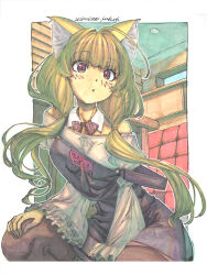  1girl ahoge animal_ears apron blonde_hair blush booth_seating border bow bowtie breasts brown_eyes commentary_request detached_collar eyeshadow fingernails flipped_sidelocks fox_ears fox_girl frilled_sleeves frills hand_on_own_knee highres huge_ahoge kneeling large_breasts low_twintails makeup making-of_available marker_(medium) meiz original outline painting_(medium) parted_lips red_eyeshadow see-through_clothes see-through_shirt sharp_fingernails shikishi shirt skirt strapless strapless_shirt thick_thighs thigh-highs thighs traditional_media twintails watercolor_(medium) white_border white_outline 