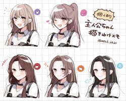  ;) black_collar brown_eyes brown_hair closed_mouth collar collared_shirt fang high_ponytail highres light_blush long_hair love_and_deepspace mtsk_0420 one_eye_closed open_mouth parted_bangs ponytail protagonist_(love_and_deepspace) shirt side_part sidelocks signature skin_fang smile smug strapless swept_bangs unicorns_hunter_uniform variations white_shirt wing_collar 