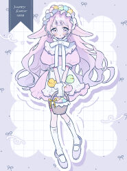  1girl animal_ears apron basket blunt_bangs blush_stickers bonnet border commentary_request dress easter easter_egg egg floppy_ears full_body grid_background happy_easter highres holding holding_basket kneehighs long_hair looking_at_viewer niyu_(nennenkorori3) open_mouth original outside_border pink_dress pink_eyes pink_hair purple_border purple_shoes rabbit_ears rabbit_girl shoes short_sleeves socks solo standing waist_apron white_apron white_background white_bonnet white_socks 