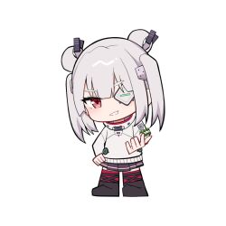  1girl :d black_boots blunt_bangs boots chibi chibi_only double_bun eyelashes eyepatch full_body grey_hair grin hair_between_eyes hair_bun hand_on_own_hip hand_up heaven_burns_red looking_at_viewer medium_hair one_eye_covered red_eyes red_thighhighs rrtp simple_background smile smug solo standing straight_hair thick_eyebrows thigh-highs tsurime twintails white_background yamawaki_bon_ivar zettai_ryouiki 