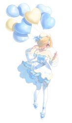  1girl balloon blonde_hair brown_eyes detached_sleeves dress full_body fur-trimmed_dress fur_trim heart_balloon highres idolmaster idolmaster_cinderella_girls looking_at_viewer open_mouth shine_asahi shirasaka_koume simple_background smile solo thigh-highs white_background white_dress white_thighhighs 