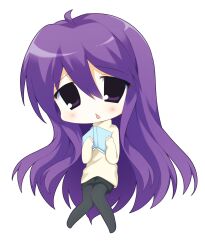  1girl 2000s_(style) absurdly_long_hair ahoge black_pantyhose black_shorts blush book chibi chibi_only commentary doki_doki_literature_club english_commentary faux_retro_artstyle full_body highres holding holding_book jelly_(bonnybel) long_hair long_sleeves looking_at_viewer merchandise_available open_mouth pantyhose procreate_(medium) purple_hair shorts simple_background solo sweater triangle_mouth very_long_hair violet_eyes white_background white_sweater yuri_(doki_doki_literature_club) 