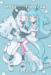  2girls black_coat black_socks blue_background blue_eyes blue_hair blunt_bangs blush_stickers closed_mouth coat commentary_request crop_top cropped_shirt dragon_ears dragon_girl dragon_tail drop_shadow full_body grey_sandals grey_socks grid_background highres long_hair long_sleeves looking_at_viewer miniskirt multiple_girls niyu_(nennenkorori3) original pleated_skirt pointy_ears sandals shirt shoes short_sleeves sidelocks skirt sleeves_past_wrists sneakers socks standing tail white_hair white_shirt white_shoes white_skirt yellow_eyes 