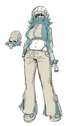  1girl aqua_nails arm_behind_back beanie black_eyes blue_hair breasts commentary_request covered_mouth creature_and_personification crop_top cropped_jacket dancho_no_mori full_body hand_in_pocket hat high_collar highleg highleg_panties highres holding holding_phone jaggy_lines large_breasts long_hair long_sleeves looking_at_viewer midriff nail_polish navel omanyte panties pants personification phone pokemon sandals shaded_face simple_background solo standing teardrop toenail_polish toenails underwear white_background zipper zipper_pull_tab 