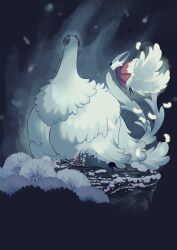  bird black_eyes cliff cloak fayforn_(hollow_knight) feathers from_behind full_body hhi_hebi highres hollow_knight hollow_knight:_silksong hood hooded_cloak horned_mask hornet_(hollow_knight) horns mask multiple_tails pinstress_(hollow_knight) red_cloak sitting snow tail white_feathers white_fur white_mask wings 