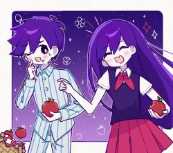  1boy 1girl antenna_hair apple blush bright_pupils closed_eyes collared_pajamas collared_shirt colored_skin commentary double-parted_bangs fang food fruit hair_between_eyes hero_(headspace)_(omori) hero_(omori) highres holding holding_food holding_fruit long_hair long_sleeves looking_at_another mari_(headspace)_(omori) mari_(omori) neckerchief nyannyanrone omori one_eye_closed open_mouth pajamas pants picnic_basket pleated_skirt purple_hair purple_sweater_vest red_neckerchief red_skirt shirt short_sleeves skin_fang skirt smile something_(omori) striped_clothes striped_pajamas striped_pants sweatdrop sweater_vest untranslatable_commentary vertical-striped_clothes vertical-striped_pajamas vertical-striped_pants violet_eyes white_pajamas white_pants white_pupils white_shirt white_skin 