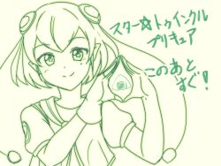  1girl 9rimson closed_mouth commentary_request fingerless_gloves food gloves green_background green_theme hagoromo_lala hair_ornament hands_up looking_at_viewer monochrome onigiri pointy_ears precure shirt short_hair short_sleeves simple_background single_fingerless_glove single_glove smile solo star-shaped_pupils star_(symbol) star_twinkle_precure symbol-shaped_pupils translation_request upper_body v-bangs 