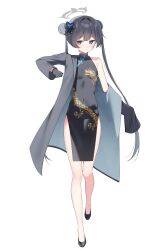  1girl absurdres black_gloves black_hair black_shoes blue_archive braid breasts bun_with_braided_base butterfly_hair_ornament center-flap_bangs china_dress chinese_clothes coat covered_navel double-parted_bangs double_bun dragon_print dress full_body gloves grey_coat grey_eyes hair_bun hair_intakes hair_ornament half_gloves halo high_heels highres kisaki_(blue_archive) long_hair mayoyoriketyaha pelvic_curtain pumps shoes short_dress side_slit simple_background single_bare_shoulder single_off_shoulder sleeveless sleeveless_dress sleeves_past_fingers sleeves_past_wrists small_breasts striped_coat twintails vertical-striped_coat white_background 