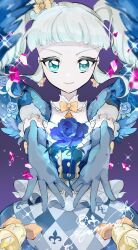 1girl aikatsu! aikatsu!_(series) bell blonde_hair blue_dress blue_flower blue_rose blue_wings blunt_bangs closed_mouth cowboy_shot dress drill_hair earrings fang feathered_wings flower gem green_eyes hands_up highres jewelry kyounuma long_hair looking_at_viewer object_floating_above_hand outstretched_arms print_dress purple_background rose smile solo standing todo_yurika twin_drills twintails wings 