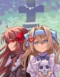 2girls ahoge black_bow black_bowtie black_dress blue_eyes blue_hairband blue_ribbon bow bowtie brown_hair closed_mouth commentary cross dress evil_neuro-sama frilled_dress frilled_dress_collar frills grass hair_between_eyes hair_ornament hair_ribbon hairband heart heart_hair_ornament holding holding_skull long_hair long_sleeves looking_at_viewer multiple_girls neck_ribbon neuro-sama outdoors puffy_long_sleeves puffy_sleeves red_bow red_bowtie red_eyes red_ribbon ribbon siblings sisters skull sutea0216 tombstone twins untranslatable_commentary upper_body vedal_ai virtual_youtuber white_dress 