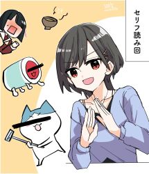  2girls :d bar_censor black_camisole black_hair blue_sweater blunt_bangs blunt_ends bob_cut bowl brown_dress cameo_request camisole cat censored censored_identity character_request collarbone commentary_request copyright_request dated dress hair_ornament hasu_no_sora_school_uniform highres jellyfish_cut kanduki_kamibukuro katsuragi_izumi katsuragi_izumi_(winter_loungewear) long_hair long_sleeves momose_ginko multi-strapped_camisole multiple_girls neckerchief no_eyes open_mouth orange_eyes rectangular_mouth sailor_collar sailor_dress school_uniform short_hair simple_background smile solo_focus sweater taiko_no_tatsujin triangle_hair_ornament wada_don white_sailor_collar winter_uniform yellow_background yellow_neckerchief 