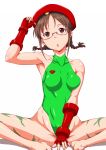  :o akizuki_ritsuko armpits bare_shoulders barefoot beret braid brown_eyes brown_hair butterfly_sitting cammy_white cammy_white_(cosplay) clearite cosplay fingerless_gloves glasses gloves hat highres idolmaster leotard sitting solo street_fighter twin_braids 