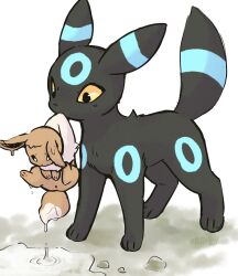  absurdres alternate_color animal_focus black_eyes black_fur blue_fur bright_pupils brown_fur eevee fluffy full_body highres looking_at_another lovewolf5122 neck_fur no_humans pawpads pokemon pokemon_(creature) pokemon_focus scruffing shiny_pokemon simple_background standing umbreon water_drop white_background white_pupils yellow_eyes yellow_fur 