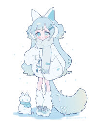  1girl absurdres animal_ear_hairband animal_ears blue_eyes blue_hair blue_shoes blunt_bangs blush_stickers cat_ear_hairband cat_ears cat_girl cat_tail closed_mouth coat commentary_request earmuffs fake_animal_ears full_body hairband hand_up highres long_hair long_sleeves niyu_(nennenkorori3) original shoes simple_background sleeves_past_fingers sleeves_past_wrists sneakers snowman socks solo standing tail twitter_username two_side_up very_long_hair white_background white_coat white_socks 