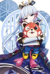  1girl absurdres arm_guards armor blue_eyes blue_hair blue_skirt blunt_tresses chinese_commentary closed_mouth commentary_request cowboy_shot defaultkavy flower_knot genshin_impact hair_ribbon head_tilt highres hugging_object japanese_armor kamisato_ayaka kusazuri long_hair long_sleeves looking_at_viewer mole mole_under_eye ponytail print_skirt ribbon short_sleeves skirt smile solo stuffed_toy 