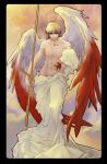  angel angel_wings apple art_nouveau blonde_hair cross fate/stay_night fate/zero fate_(series) food fruit gilgamesh highres long_hair male red_eyes robe shirtless smile solo tarot vetania wings 