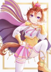  1girl animal_ears armor blush boots breasts cape closed_mouth commentary_request crown fingerless_gloves gloves gold_boots gold_corset hair_between_eyes hand_on_own_hip highres horse_ears horse_girl horse_tail jewelry long_sleeves looking_at_viewer mini_crown multiple_rings orange_hair orange_tail pink_cape pink_crown ring shiratsuyu_maguro shirt short_hair shoulder_armor single_fingerless_glove skirt smile solo t.m._opera_o_(o_sole_suo!)_(umamusume) t.m._opera_o_(umamusume) tail thigh-highs two-tone_skirt umamusume violet_eyes white_shirt white_thighhighs 