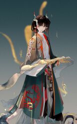  1girl absurdres arknights brown_hair chinese_commentary coat colored_extremities commentary_request dragon_girl dragon_horns dragon_tail dress feet_out_of_frame green_background green_coat highres holding holding_scroll horns jie_(arknights) long_sleeves looking_at_viewer open_clothes open_coat pointy_ears scroll simple_background solo standing tail white_dress wings yellow_eyes zregta 