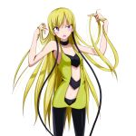  alternate_hairstyle bare_shoulders black_legwear blonde_hair blue_eyes blush choker cowboy_shot dress gym_leader headphones highres kamitsure_(pokemon) long_hair messy_hair pantyhose pokemon pokemon_(game) pokemon_black_and_white pokemon_bw raised_eyebrow sakuragawa_mionoketsu simple_background solo uneven_eyes very_long_hair white_background 