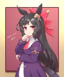  1girl animal_ears araki_(qbthgry) ascot bib_collar black_hair blush bow braid breasts closed_mouth commentary_request daiichi_ruby_(brilliant_red_gemstone)_(umamusume) daiichi_ruby_(umamusume) dress drill_hair drill_sidelocks ear_flower gem hair_bow hair_ornament highres horse_ears horse_girl horse_tail long_hair long_sleeves looking_at_viewer puffy_sleeves purple_dress red_ascot red_bow red_gem side_drill sidelocks small_breasts smile solo tail twin_drills umamusume violet_eyes 