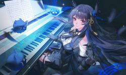  >_< 1girl absurdres asymmetrical_horns bird black_flower black_gloves black_hair black_horns black_jacket black_skirt black_sleeves blue_hair breasts closed_eyes closed_mouth clothing_cutout collared_shirt colored_inner_hair commentary crow demon_horns detached_sleeves english_commentary floating_hair flower gloves grand_piano hair_ornament heart heart-shaped_eyes highres hololive hololive_english horn_flower horns instrument jacket jailbird_(nerissa_ravencroft) large_breasts long_hair looking_at_viewer mole mole_under_eye multicolored_hair musical_staff nerissa_ravencroft nerissa_ravencroft_(1st_costume) piano red_eyes revision shadow_(nerissa_ravencroft) sheet_music shirt shoulder_cutout sitting skirt solo sparkle tassel tassel_hair_ornament two-tone_hair uneven_horns very_long_hair virtual_youtuber white_shirt xiisalt 