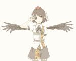  arm_behind_back black_wings brown_eyes brown_hair camera feathered_wings hat holding kahasina kawashina_(momen_silicon) pointy_ears shameimaru_aya simple_background smile solo tokin_hat touhou white_background wings 