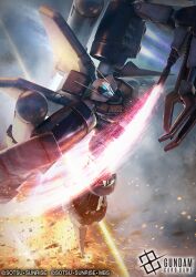  blue_visor byalant_custom cable clouds commentary_request copyright_notice debris earth_federation energy_blade energy_sword english_text explosion flying gundam gundam_card_game gundam_unicorn kumagoro1108 logo mecha mecha_focus mobile_suit official_art promotional_art realistic robot scene_reference science_fiction sunrise_(company) sword thrusters title war weapon 