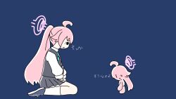  1girl ahoge black_skirt blue_archive blue_background blue_necktie bulletproof_vest chiccha_na_watashi_(synthesizer_v) commentary_request fancy_embedded_notes from_side halo highres hoshino_(armed)_(blue_archive) hoshino_(blue_archive) huge_ahoge long_hair looking_at_another necktie official_alternate_costume pink_hair pink_halo ponytail shirt sitting skirt takezuchi translation_request white_shirt 