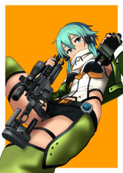  1girl anti-materiel_rifle black_gloves black_leotard black_shorts black_trim blue_eyes blue_hair border breasts covered_mouth cowboy_shot cropped_jacket detached_pants double-parted_bangs fingerless_gloves gloves green_jacket green_pants gun hair_between_eyes hair_ornament hairclip hands_up highleg highleg_leotard highres holding holding_weapon jacket leotard long_sleeves looking_at_viewer medium_breasts medium_hair multicolored_jacket multicolored_leotard object_request open_clothes open_jacket orange_background orange_leotard outside_border pants pgm_ultima_ratio rifle scarf short_shorts shorts sidelocks sinon skindentation sniper_rifle solo sword_art_online thigh_strap timmyyen two-tone_jacket variant_set weapon white_border white_jacket white_leotard white_scarf 