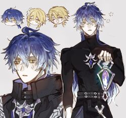  1girl 2boys ahoge anger_vein belt black_belt black_choker black_jacket black_shirt blonde_hair blue_hair choker closed_eyes collared_jacket commentary covered_collarbone cowboy_shot cropped_shoulders crossed_bangs diamond_mouth empty_eyes flins_(genshin_impact) flower genshin_impact gradient_hair grey_background hair_between_eyes hair_flower hair_ornament half-closed_eyes hand_up happy head_only highres holding holding_lantern jacket lantern long_hair long_sleeves looking_at_another looking_at_viewer looking_to_the_side lumine_(genshin_impact) male_focus multicolored_hair multiple_boys no_pupils open_mouth pale_skin pelvic_curtain scar scar_on_face shirt short_hair sidelocks simple_background sleepy smile solo_focus standing teeth turtleneck turtleneck_shirt two-tone_hair upper_body varka_(genshin_impact) white_flower white_hair xiaoxiannuyiming yellow_eyes 