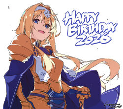 1girl :d alice_zuberg armor blonde_hair blue_armor blue_eyes blue_jacket boobplate breasts bridal_gauntlets commentary_request dated floating_hair fragrant_olive_sword from_below gold_armor hair_intakes hairband hand_on_hilt hand_on_own_hip happy_birthday high_collar highres jacket long_hair looking_at_viewer looking_down medium_breasts open_mouth pauldrons shikei shoulder_armor signature simple_background smile solo sword_art_online sword_art_online:_alicization tassets turtleneck turtleneck_jacket two-tone_armor upper_body white_background white_hairband white_trim 