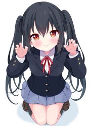  1girl black_hair black_jacket black_socks blue_skirt blush breasts brown_shoes buttons claw_pose commentary_request dress_shirt eyelashes fingernails gradient_eyes highres hiiragisensei jacket k-on! kneeling knees layered_sleeves legs_together long_hair long_sleeves looking_at_viewer multicolored_eyes nakano_azusa neck_ribbon orange_eyes pleated_skirt red_eyes red_ribbon ribbon sakuragaoka_high_school_uniform school_uniform shirt shoes skirt small_breasts smile socks solo twintails winter_uniform 