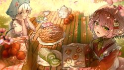  2girls apple apple_pie blue_eyes cake checkerboard_cookie chirou_(osu!) commentary contest_winner cookie cross-laced_clothes cross-laced_sleeves dappled_sunlight dreamxiety dress english_commentary falling_petals fang food food_in_mouth fruit green_eyes highres looking_at_viewer mouth_hold multiple_girls open_mouth osu! outdoors petals picnic_basket pie pink_hair pink_petals pippi_(osu!) pocky pocky_in_mouth puffy_short_sleeves puffy_sleeves red_dress second-party_source short_sleeves skin_fang sunlight swiss_roll table teapot white_hair 